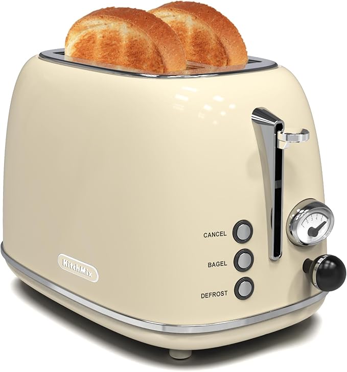 Toaster 2 slice KitchMix Retro Stainless Steel Toaster with 6 Settings 1.5 In Extra Wide Slots Bagel/Defrost/Cancel Function Removable Crumb Tray (Cream)