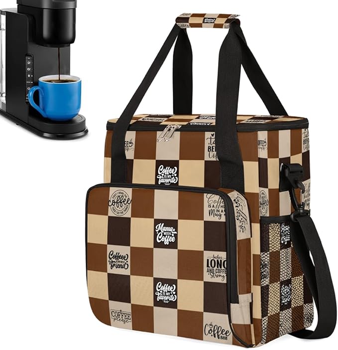 cfpolar Coffee Brown Grid Coffee Maker Carrying Bag Coffees Machine Travel Storage Bag Compatible with K-Mini or K-Mini Plus Portable Single Serve Coffees Brewer Case with Pockets for K-Cup Pods