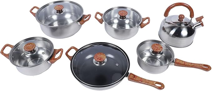AUNMAS Stainless Steel Cookware Set Multifunctional Wooden Grain Kitchen Pots Pans Set with Kettle Long Service Life for Home Use