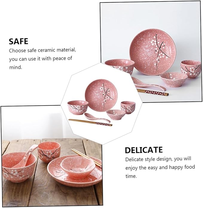 Happyyami 12-Piece Japanese Ceramic Dinnerware Set Home Tableware Creative Cutlery Kit Pink Dishwasher Safe for Single Users for Everyday Use