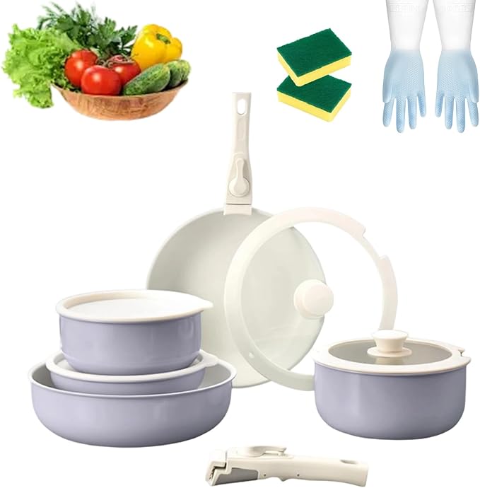 Pots and Pans Sets Non Stick 5/11PCS Ceramic Cookware Sets with Detachable Handle Space-Efficient Dishwasher Nonstick Cooking Set for Kitchen with All Stovetops (Purple-11PCS)