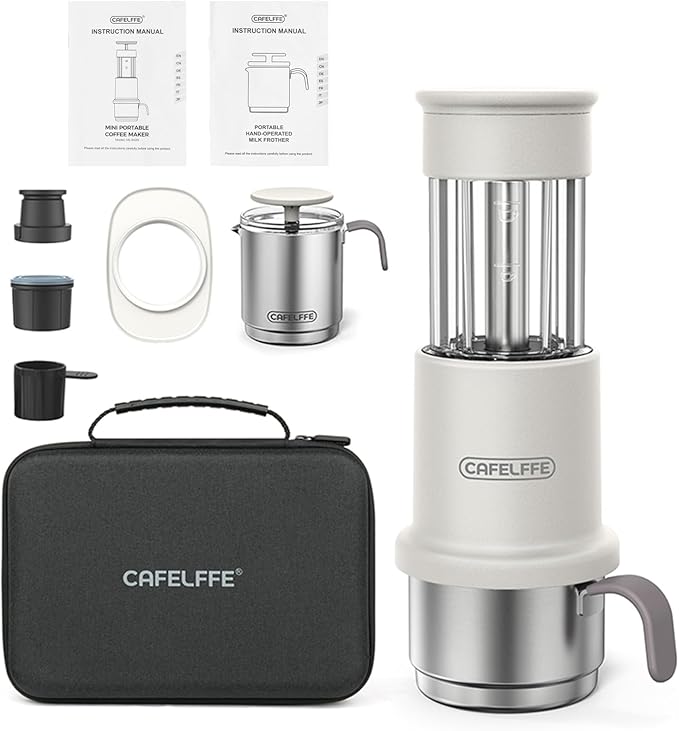 EasytoClean Portable Coffee Maker Set 3-in-1 Design with Capsule &amp Ground Coffee Compatibility Milk Frothing Pitcher Ideal for Traveling Camping Hiking (White)