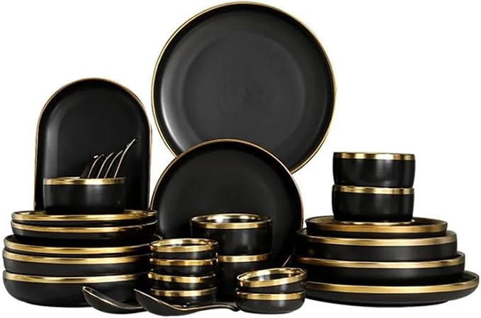 Black Porcelain Dinnerware Set Kitchen Dishes Ceramics Tableware Food Tray Rice Salad Noodles Bowl Cutlery Set (7.5 Inch Plate 1pcs)
