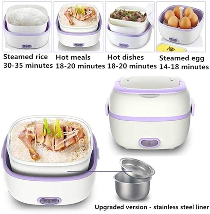 Multifunctional Electric Lunch Box Mini Rice Cooker Portable Food Heater Steamer with Stainless Steel Bowls Egg Steaming Rack Spoon Measuring Cup for Use in Office Outdoor School