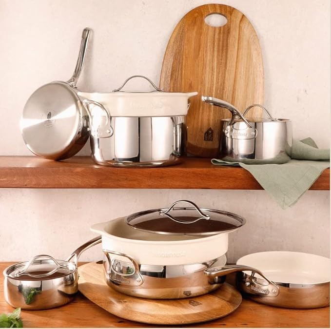 Bloomhouse 12 Piece Triply Stainless Steel Pots and Pans Cookware Set w/Non-Stick Non-Toxic Ceramic Interior Ceramic Steamer Inserts &amp 12 Protective Care Bags