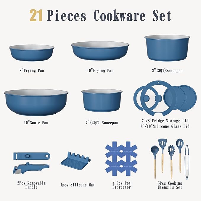 Umite Chef Pots and Pans Set Non Stick 21 pcs Ceramic Cookware Set with Detachable Handles Healthy Induction Cookware Oven Safe RV Kitchen Cooking Set with Utensils PFAS PFOA &amp PTFE Free Navy