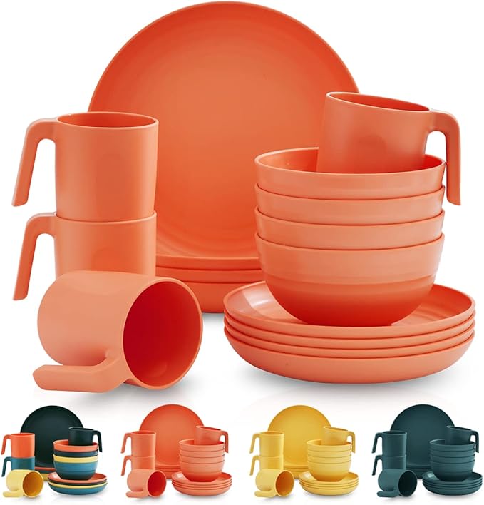 Kyraton Plastic Dinnerware Set of 16 Pieces Unbreakable And Reusable Light Weight Plates Mugs Bowls Dishes Easy to Carry And Clean Microwave Safe BPA Free Dishwasher Safe Service For 4 (Orange)