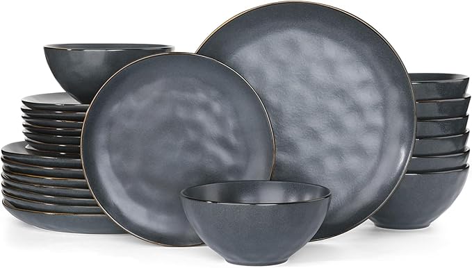 Famiware Dinnerware Sets for 8 Ocean Round 24-Piece Kitchen Plates and Bowls Sets Microwave and Dishwasher Safe Scratch Resistant Matte Black