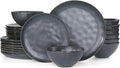 Famiware Dinnerware Sets for 8 Ocean Round 24-Piece Kitchen Plates and Bowls Sets Microwave and Dishwasher Safe Scratch Resistant Matte Black