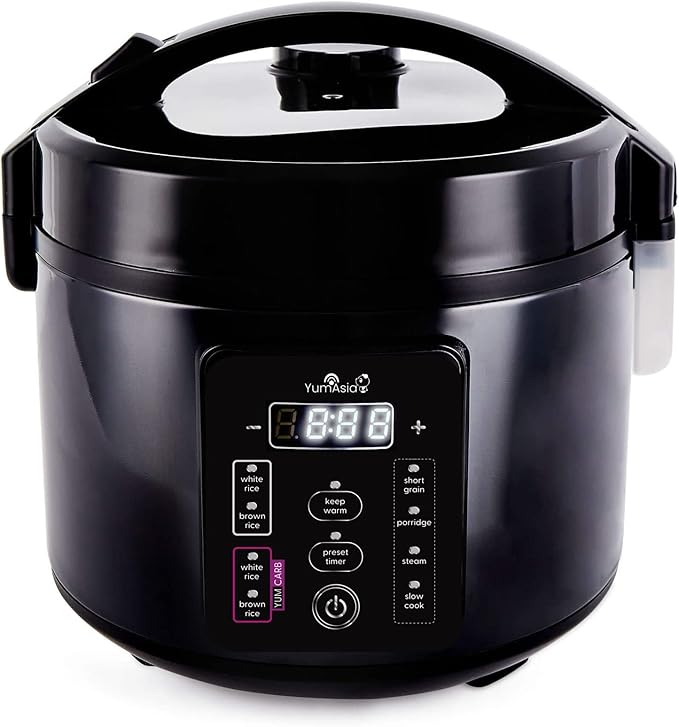 Yum Asia Kumo YumCarb Rice Cooker with Ceramic Bowl and Advanced Fuzzy Logic (5.5 Cups 1 Litre) 5 Rice Cooking Functions 3 Multicooker Functions 110V US Power (Dark Stainless Steel)