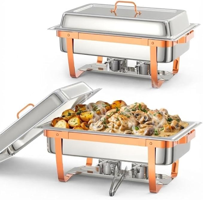 Commercial 8QT Chafing Dish Buffet Set - 2 Pack Rectangular Stainless Steel Food Warmers with Lid Holder Folding Frame Rose Gold Finish for Catering Party Restaurant Use 2-Piece Set