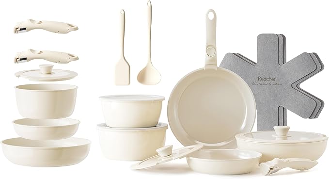 RedChef Ceramic Pots and Pans Set Nonstick Kitchen Cookware with Detachable Handle 22pcs PFAS PFOA &amp PTFE Free RV Ceramic Cookware for Camping Dishwasher &amp Oven Safe