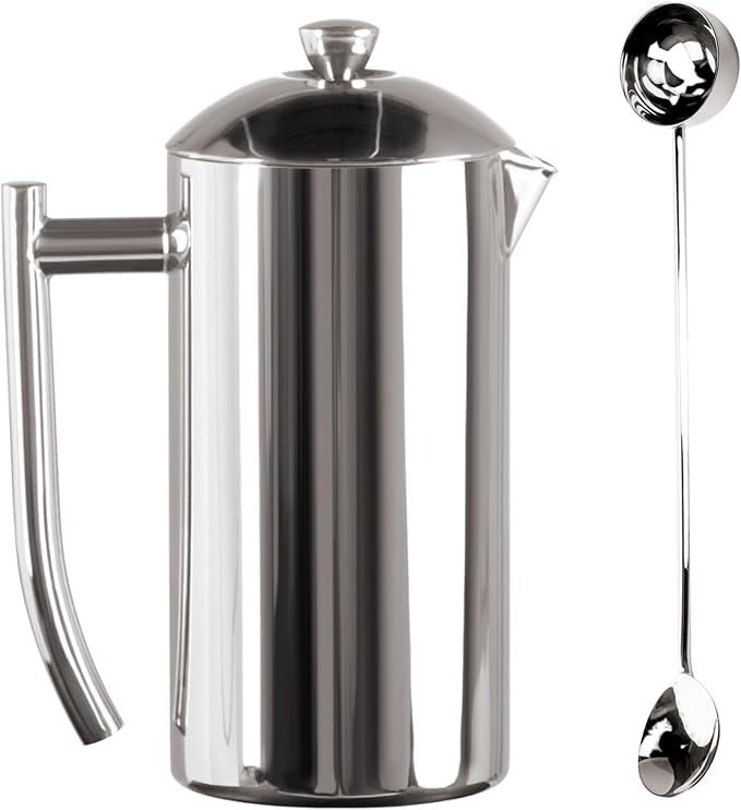 Frieling Double-Walled Stainless-Steel French Press Coffee Maker Polished 44 Ounces Plus 18/10 Stainless Steel Coffee Scoop/Stirrer 2 TBLS
