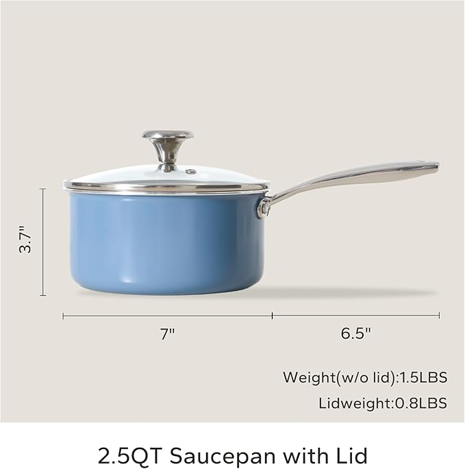 Redchef Nonstick Mini Cookware Set 8 Ceramic Fry Pan 2.5QT Small Saucepan with Lid*2Cooking Pot with Stay-Cool Handles Compatible All Stovetops PFAS PFOA &amp PTFEFree (Blue)