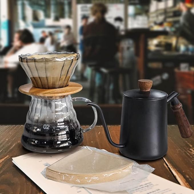 SOTECH Pour Over Coffee Maker Set with Black Gooseneck Kettle Wooden Pad Holder Coffee Dripper Server DIY Manual Portable Coffee Maker Set