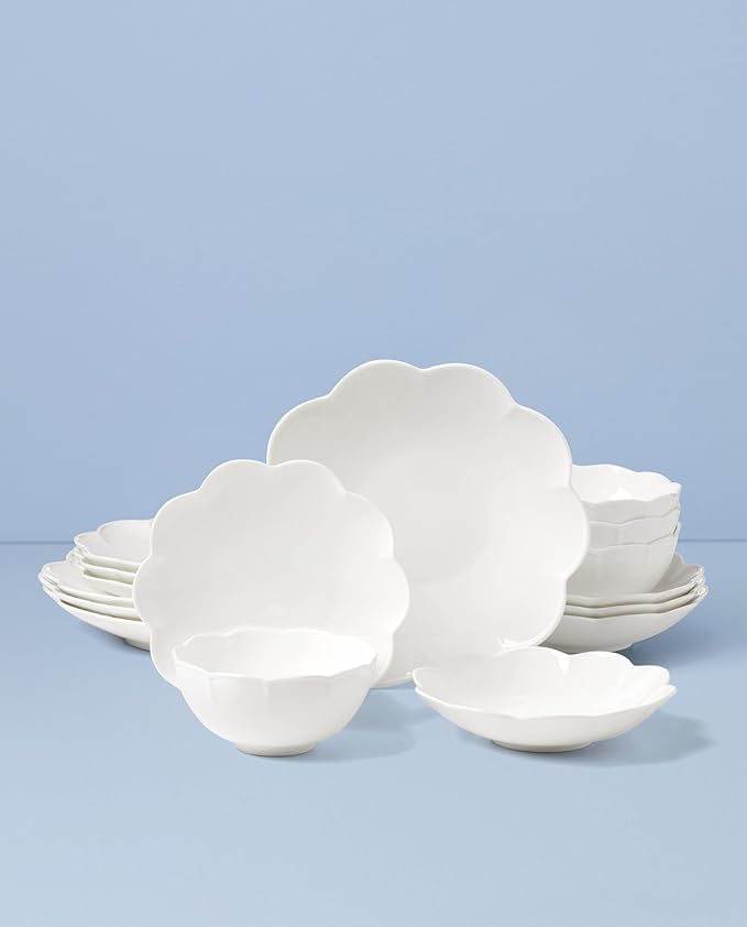 Lenox Dinnerware Set Studio 1414 Scallop 16-Piece Set Service For 4 Bone China Material Dishwasher &amp Microwave Safe Home And Kitchen Kitchen And Dining Plates And Bowls Sets (White 16 Piec