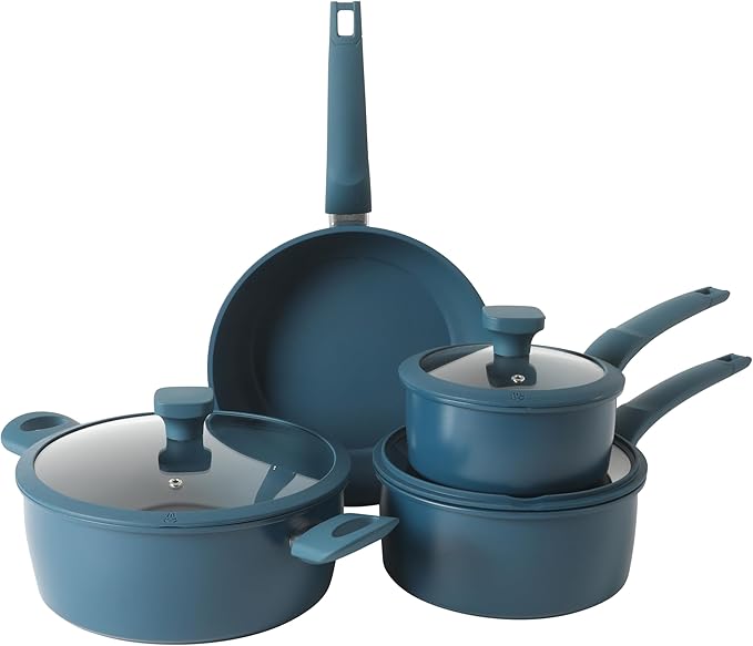 Gibson Home Helensburgh 7-Piece PFA-Free Ceramic Nonstick Carbon Steel Cookware Set – Blue Pots and Pans with Glass Lids Saucepan Dutch Oven Fry Pan