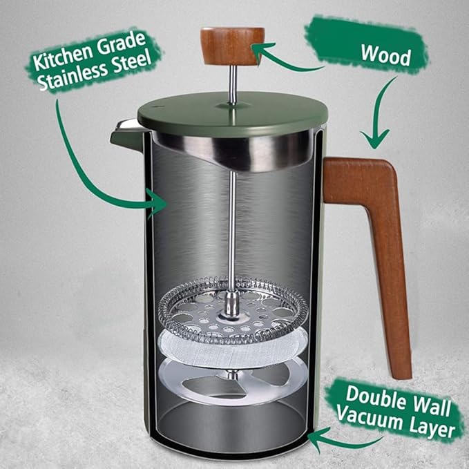 French Coffee Maker with Real Wood Handle Double Wall Insulation Hand Pour Coffee Maker for Coffee Tea