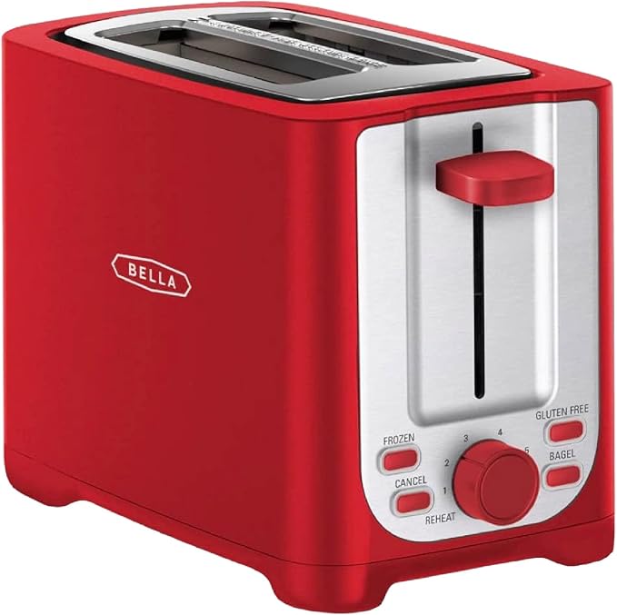 BELLA 2 Slice Toaster with Auto Shut Off - Extra Wide Slots &amp Removable Crumb Tray and Cancel Defrost &amp Reheat Function - Toast Bread Bagel &amp Waffle Red