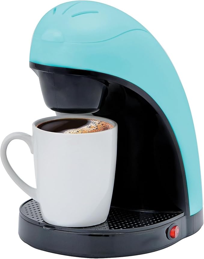 Single Serve Coffee Maker with Porcelain Mug – Compact One Cup Coffee Brewer with Measuring Spoon Removable Drip Tray Blue