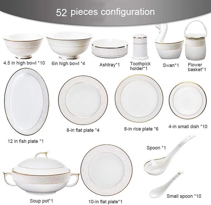 52 Pieces Ceramics Phnom Penh Plates Bowls Combination Bone China Embossed Pattern Dinnerware Set for Banquet
