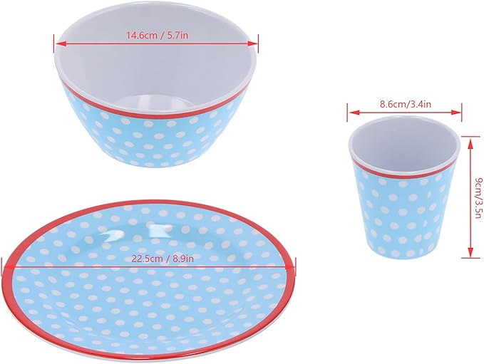 Alvinlite Dinnerware Set 12PCS Reusable Light Blue Dot Bowl Dish Set Tableware Set for Restaurant Kitchen
