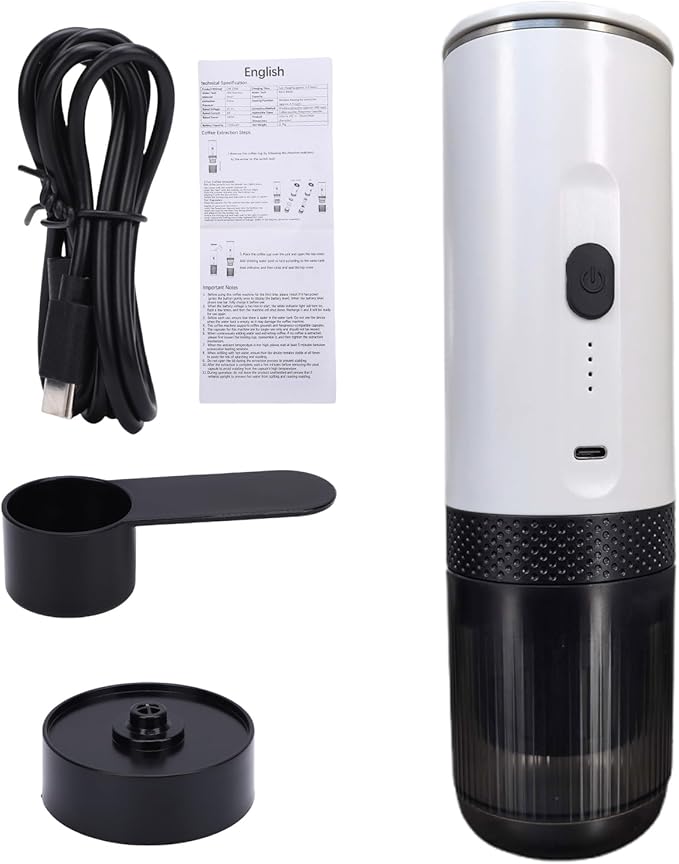 Portable Coffee Maker with Grinding and Capsules 20BAR Pressure Battery Fast Heating for Travel Office Home (White)