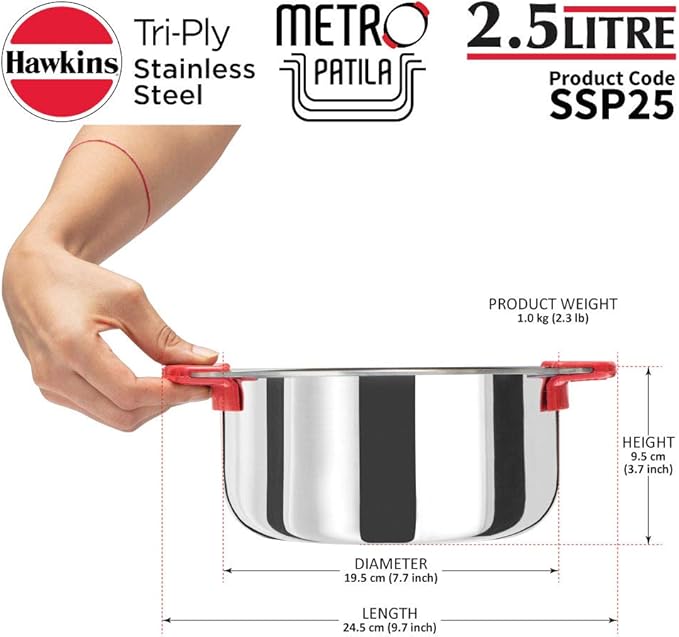 HAWKINS Tri-Ply Stainless Steel Induction Compatible Metro Patila 2.5 Litre (SSP25) Silver