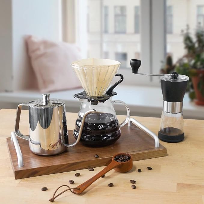 SOTECH Pour Over Coffee Maker Set with Black Gooseneck Kettle Wooden Filter Holder Coffee Dripper Glass Server with Paper Coffee FiltersDIY Manual Coffee Maker Set (Eco-Setbag)