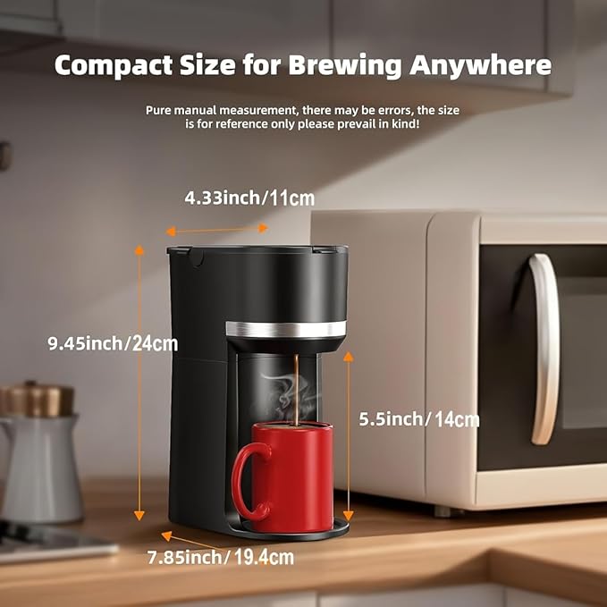 Portable Coffee Maker Single Serve with Grinder - 120s Brew Ceramic Burr 4 Cup Sizes(6-12oz) BPA-Free Window Auto Descaling Alert Compact for Travel (7.85x4.33x9.45in)