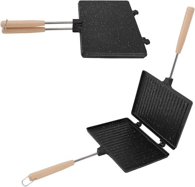 Hot Maker Non Stick Double Sided Hand Toaster for Home Breakfast Aluminum Alloy and Solid Wood 865g Suitable for Family Use
