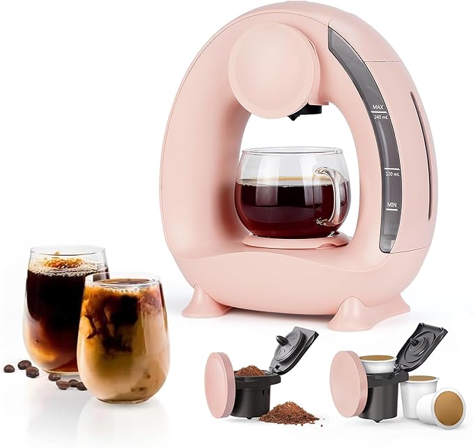 BENFUCHEN Pod and Grounds Single-Serve Coffee Maker 2 in 1 One Cup Coffee Machine Compatible with K-Cup Pod &amp Coffee Grounds/Tea Compact Design 4-8oz Pink