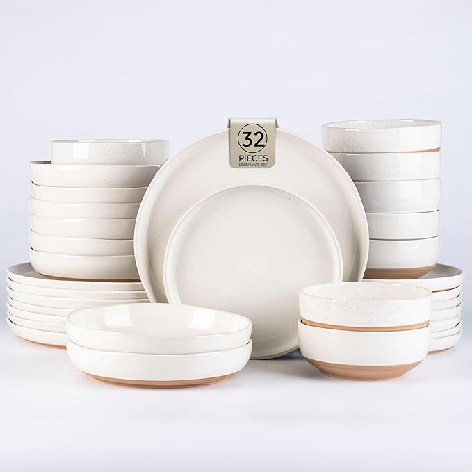 AmorArc Ceramic Dinnerware Sets with Pasta Bowls for 8 Handpainted Plates and Bowls Set with Rustic Terracotta Underside Scratch Resistant Dishes Set Dishwasher &amp Microwave Safe 32 Pcs