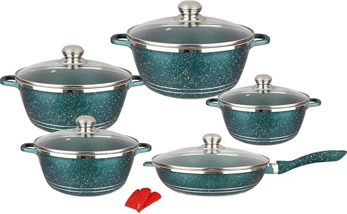 Nonstick Cookware Sets Granite Cooking Pots And Pans With Glass LidsMarble Coated Aluminium Home Kitchenware Pots And Pans Sets With SaucepansFrying PanStock Pot10 Piece(Color:Green)