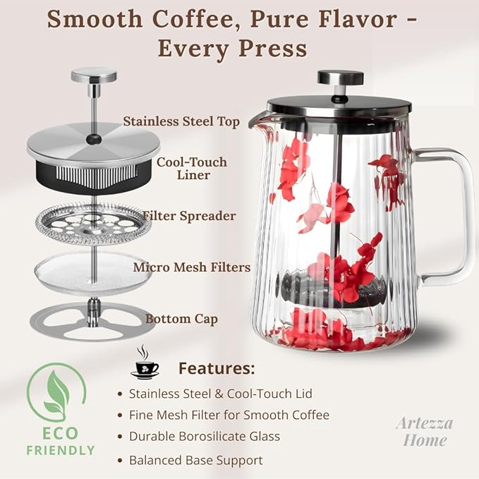 Glass French Press Coffee Maker 22oz (Red Floral) – Double-Wall Borosilicate Ribbed Coffee Press with Stainless Steel Filter Manual Coffee Brewer &amp Tea Press
