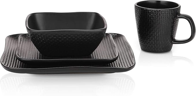 Stone Lain 16 Piece Stoneware Dinnerware set Square Weave Black
