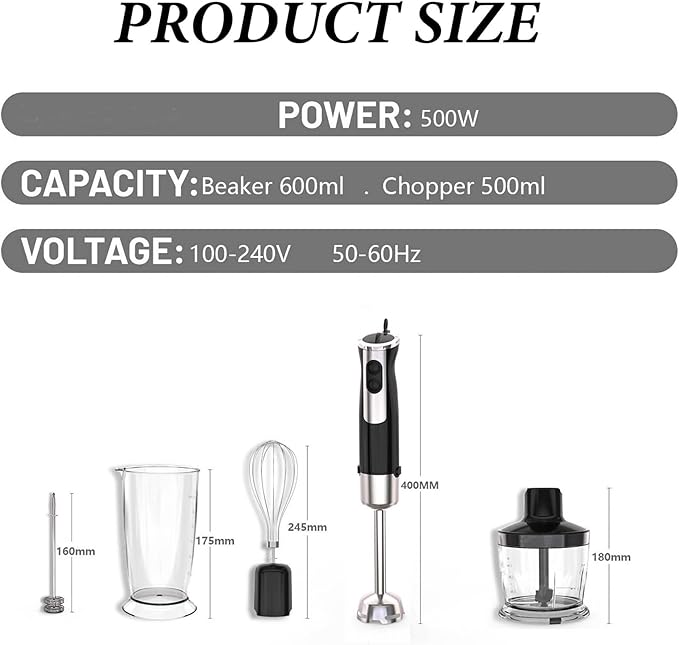 Immersion Hand Blender 600W Hand Mixer With Stainless Steel Blade Black Stick Blender Container Chopper for Baby Food Smoothies Soup