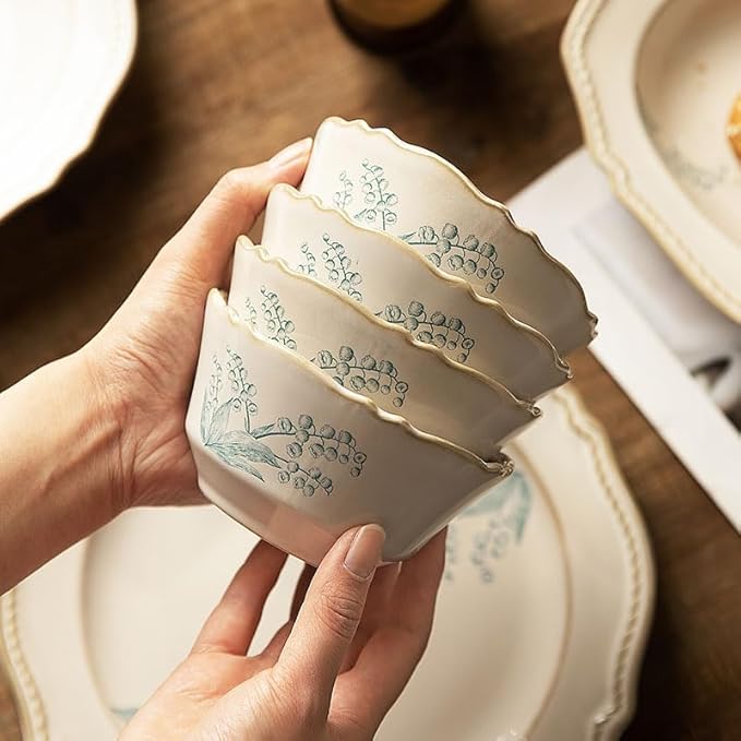 8-Piece Dinnerware Set - Lily Bloom Series Service for 4 Includes 6'' Bowls &amp 10'' Plates Retro Vintage Floral Style Microwave &amp Dishwasher Safe
