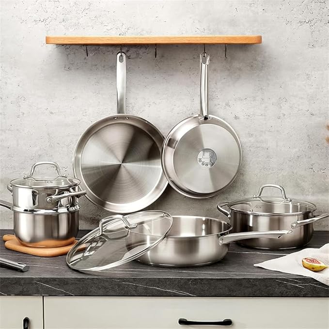 Stainless Steel Cookware Set 10Pcs All Stoves Compatible Stainless Steel Saucepan Stockpot and Frying PanWhite10 Pc