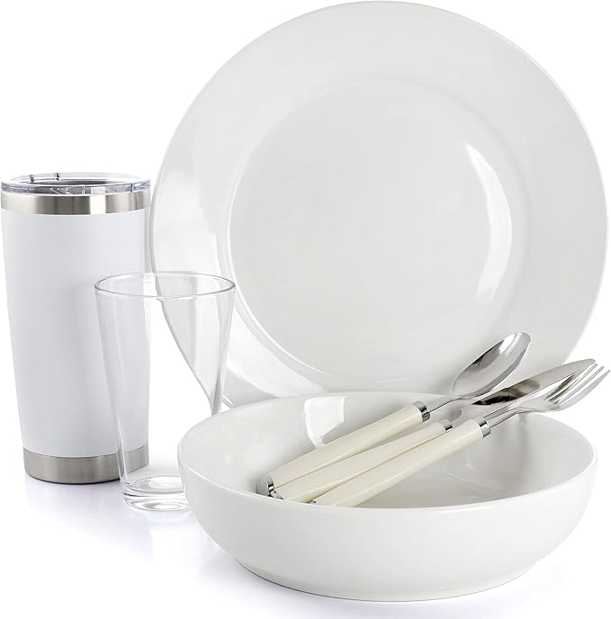 14 Piece Fine Ceramic Dinnerware Set in White Solid Casual Round Dishwasher Safe