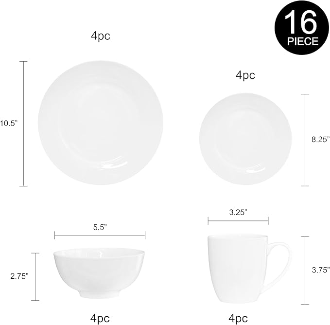Bone China 16 Piece Dinnerware Set Service for 4 White Microwave Safe Dishwasher SafeChip Resistant Translucent Elegant giftware Dish set For Essential Home Everyday Living Kitchen Set
