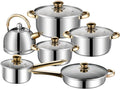 12 Piece Stainless Steel Cookware Set Kitchen Removable Handle Pots and Pans Set Frying Pans Saucepans with Lid Golden Handles for All Stoves (12 pcs/with Kettle)
