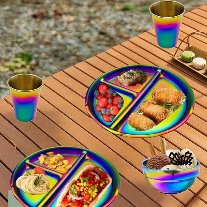 12-Piece Stainless Steel Rainbow Dinnerware Sets for 4 Unbreakable Reusable Divided Plates Bowls Cups Round Dishwasher Safe for Kitchen Camping Picnic RV