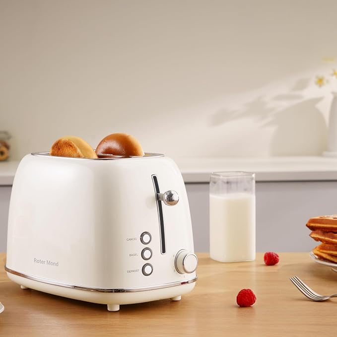 Roter Mond 2 Slice Toaster Retro Stainless Steel with Bagel Cancel and Defrost Functions 6 Bread Shade Settings Extra Wide Slots and Removable Crumb Tray Cream