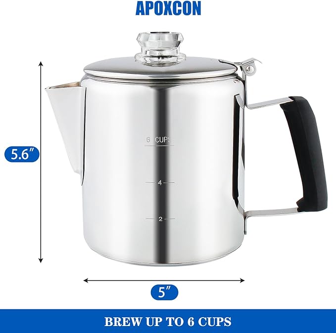 Multi Use Percolator Coffee Pot Stainless Steel Stove Top Coffee Maker with Two Tough Borosilicate Glass Knob Silica Handle Camping Coffee Pot Using on Campfire Stove &amp Induction Cooker Silver 6 C