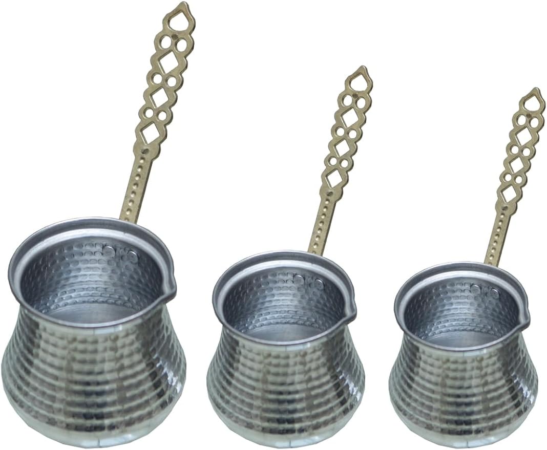 Coffee Pot Set Aluminum 3-Piece Traditional Turkish Coffee Maker Set Silver Finish for Authentic Brewing Experience One Size - Aluminum One Size