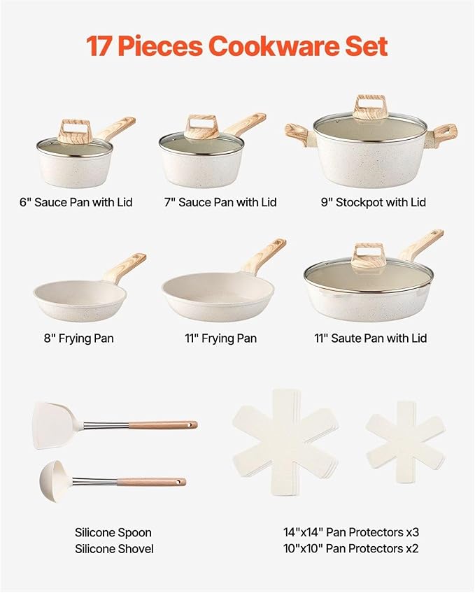 17 Piece Pots and Pans Set Nonstick Granite Cookware Induction Compatible Kitchen Set - White
