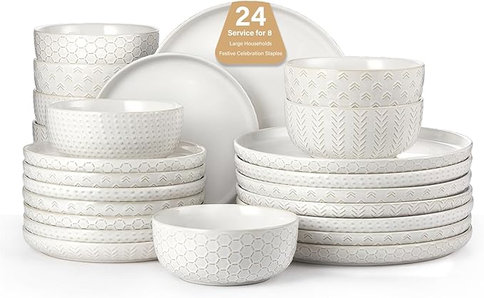 24 Piece Dinnerware Sets for 8 - Farmhouse Style Stoneware Plates and Bowls Sets - Scratch Resistant &amp Dishwasher Safe Embossed Boho Ceramic Dish Set Stack Compactly Dishware - Vintage White