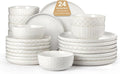 24 Piece Dinnerware Sets for 8 - Farmhouse Style Stoneware Plates and Bowls Sets - Scratch Resistant &amp Dishwasher Safe Embossed Boho Ceramic Dish Set Stack Compactly Dishware - Vintage White