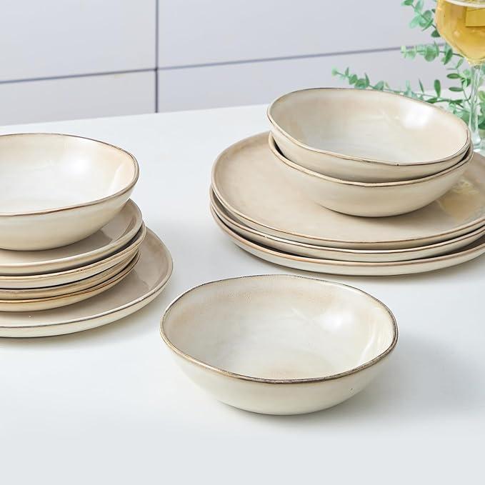 Bestone 12 Piece Round Kitchen Dinnerware SetsPlates and Bowls setsDishes Plates Bowls Dish Set Chip Resistant Ceramic Dinnerware Set Dishwasher/Microwave SafeService for 4Brown